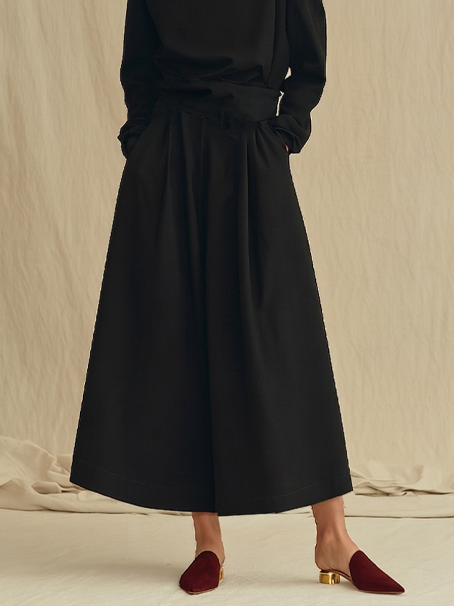 Women's Black Soft Woven Two-Piece Set With Turtleneck Cold Shoulder Long Sleeve Top & Side Pocket Skirt, Minimalist Elegant Smart Casual Matching Outfit MDZ0197G7LYL