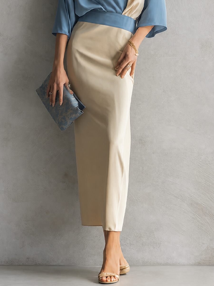 Women's Minimalist Premium Off White And Light Blue Cotton Blend V Neck Contrast Color Fitted Long Skirt Outfit MDZ0221G7GMJ