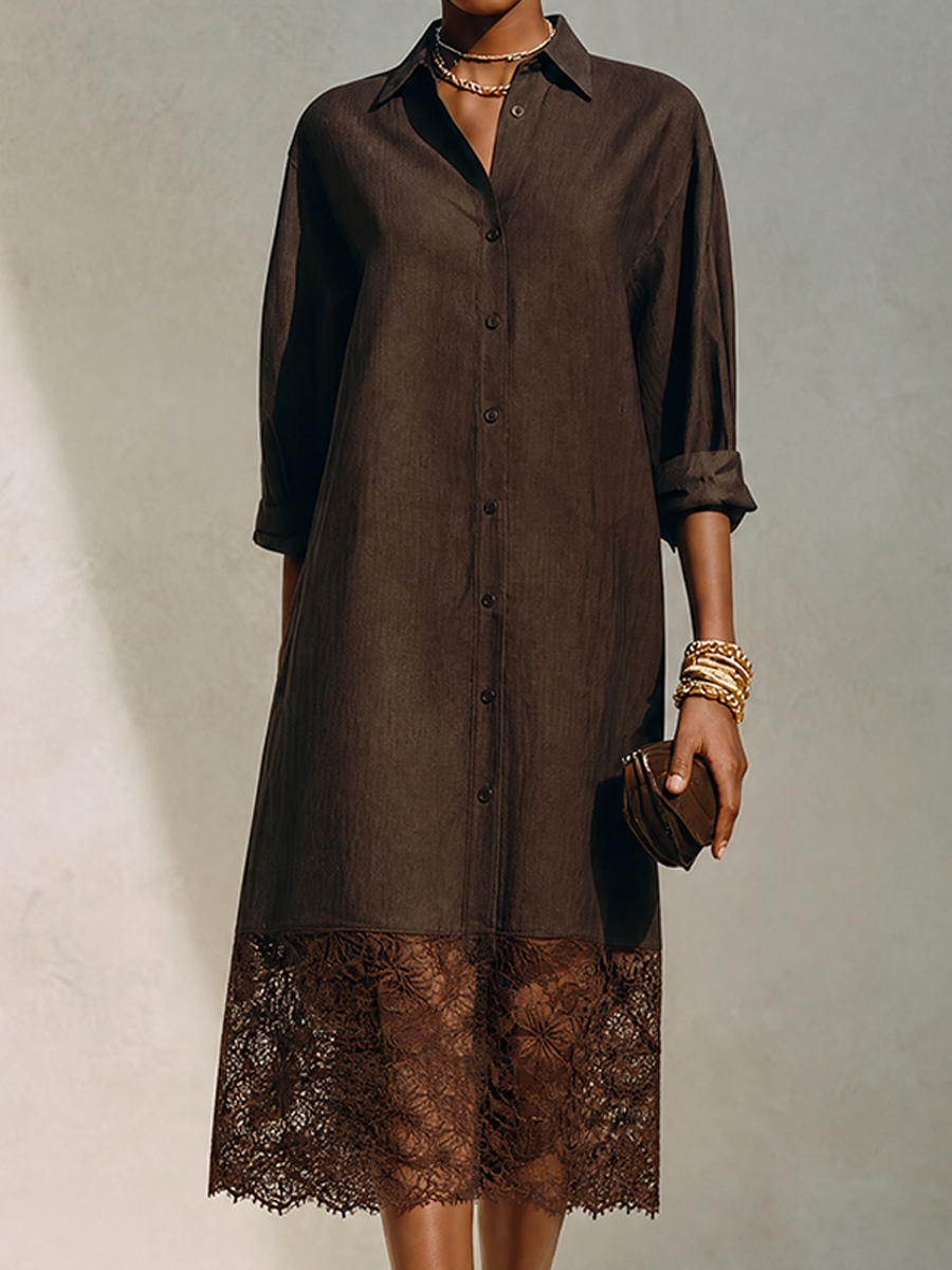 Women's Minimalist Solid Brown Linen & Lace-Panel Midi Shirt Dress MDZ0684G8ZRK