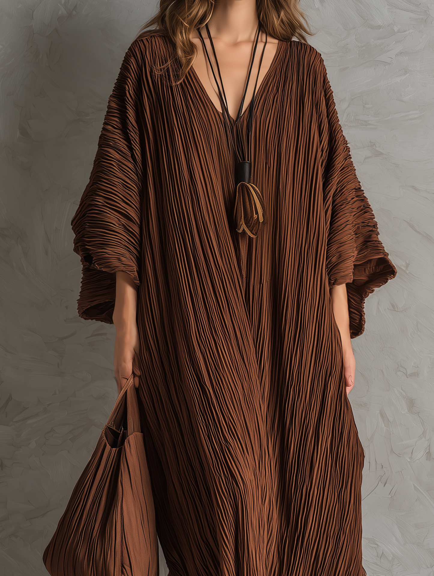 Women's Casual Brown Woven Pleated V-Neck Batwing-Sleeve Loose Maxi Dress MDZ0700G8LXY