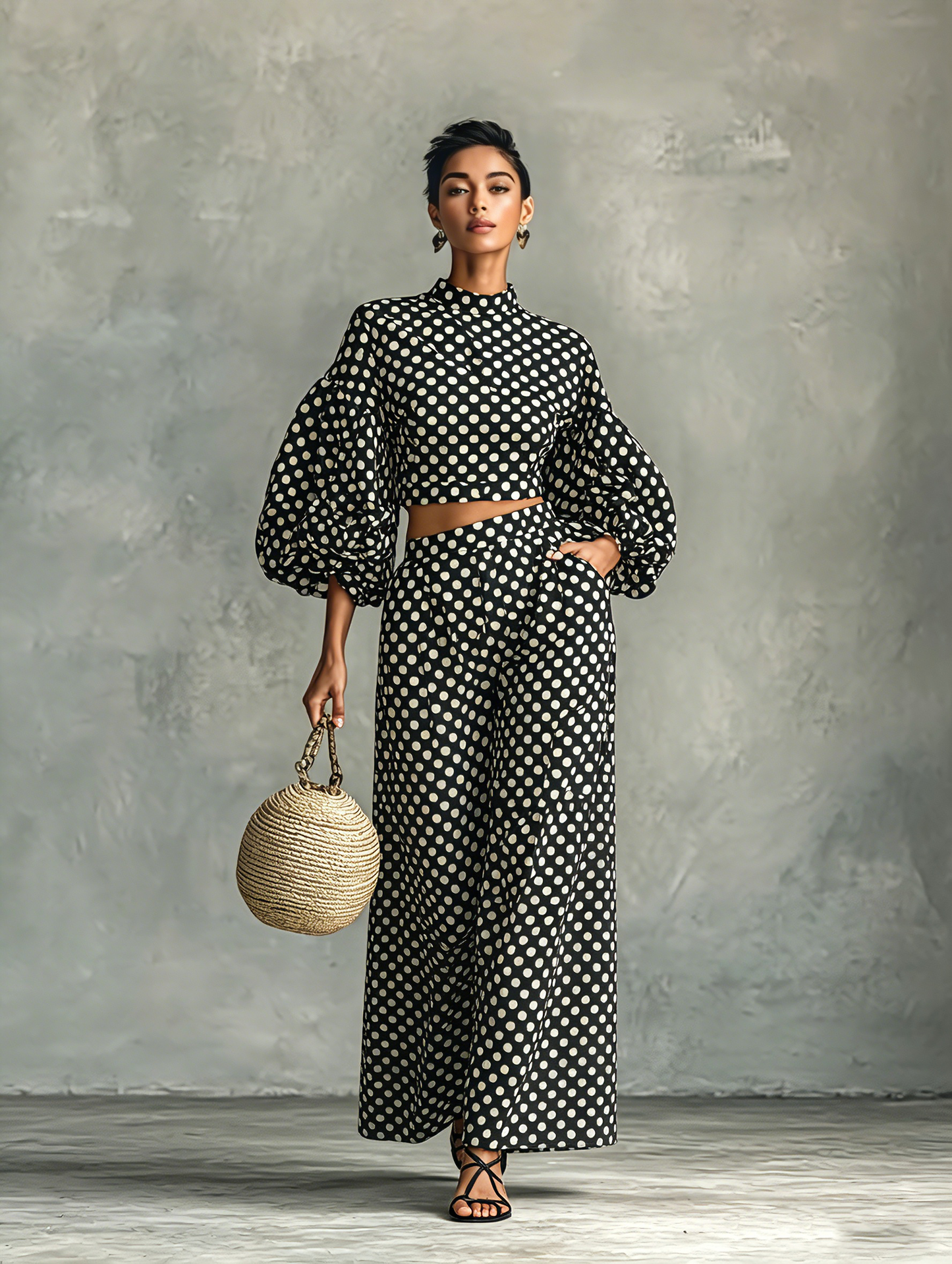 Women's Minimalist Polka-Dot Lantern-Sleeve Blouse And Wide-Leg Pants Set MDZ0967G6WY
