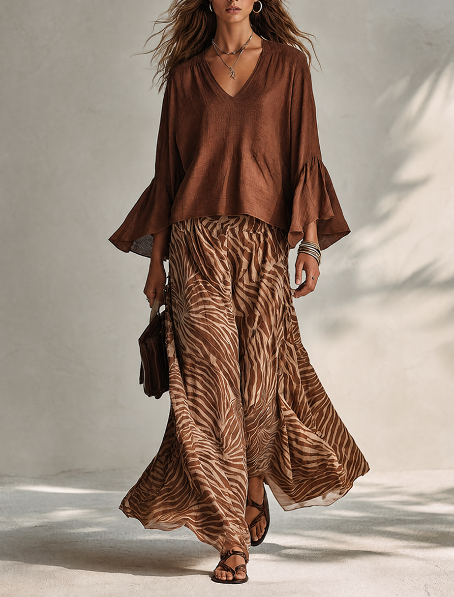 Women's Solid Brown Linen-Blend V-Neck Flared-Sleeve Loose Bohemian Top MDZ0925G6ZRK
