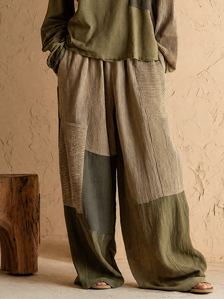 Women's Casual Vintage Army Green Cotton-Linen Patchwork Loose Round Neck Long-Sleeve Top & Wide-Leg Pants Set MDZ0982G6CMX