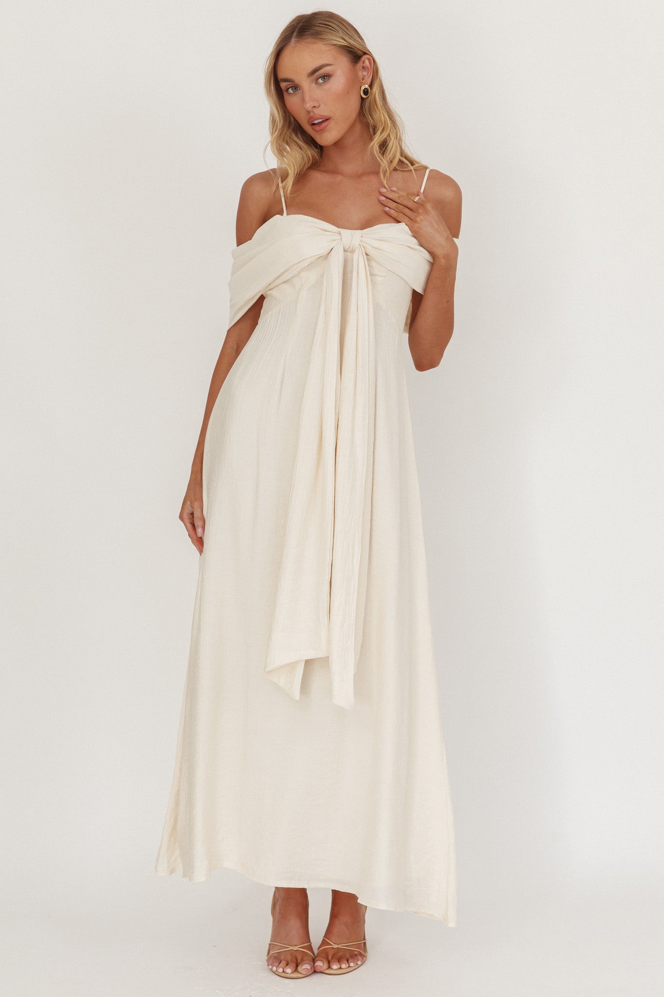 Lillibet Bow Tied Bust Midi Dress Cream