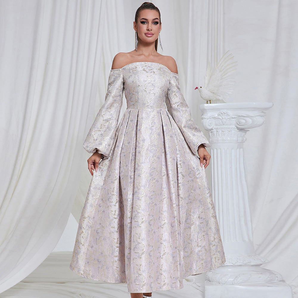 Tube Top off Shoulder Long Sleeve A line Dress Jacquard Cocktail Evening Dress