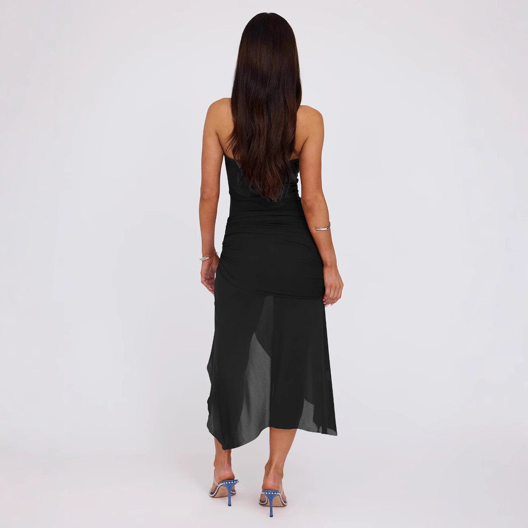 Wind Tube Top Backless Slim Fitting Patchwork Mesh Irregular Asymmetric Dress