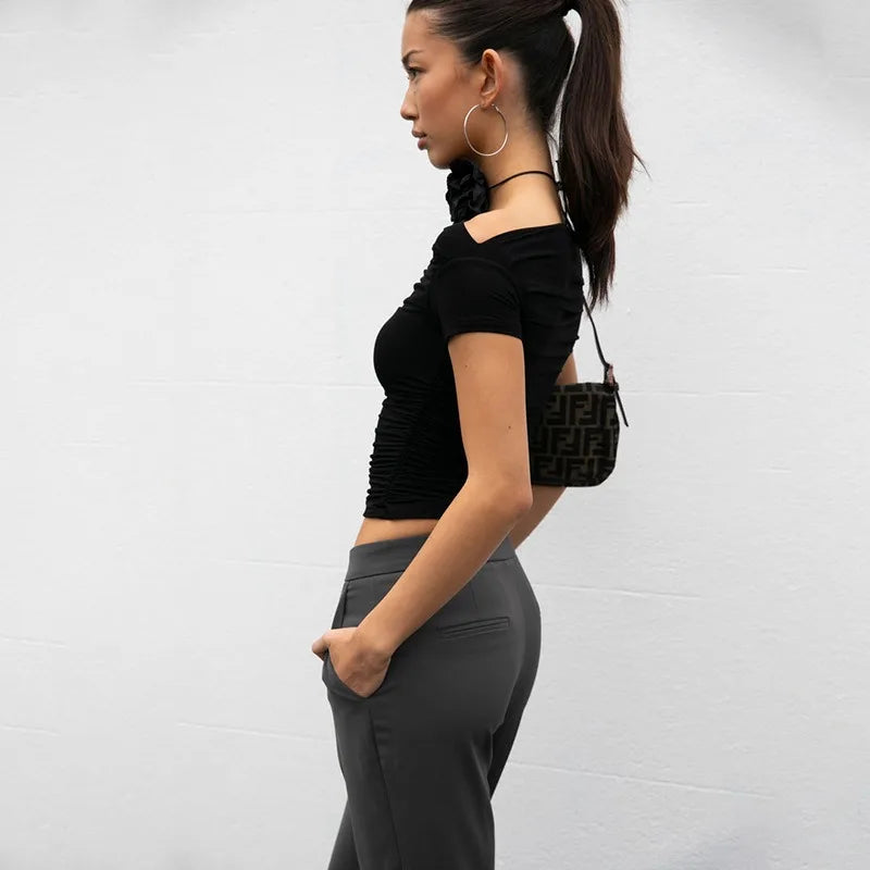 Slash Neck Bodycon Top �Short Sleeve Solid Color Tee