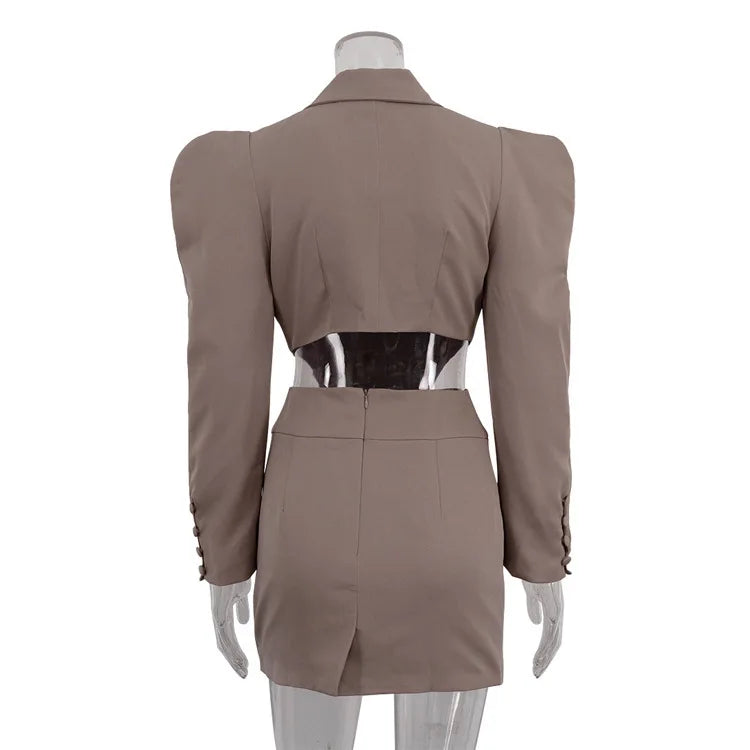 Turn-down Collar Khaki Long Sleeve Blazer Mini Skirt Suit