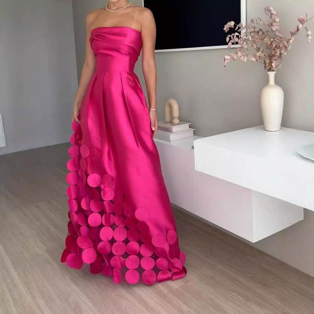 Stitching round Satin Tube Top High Waist Dress Evening Dress