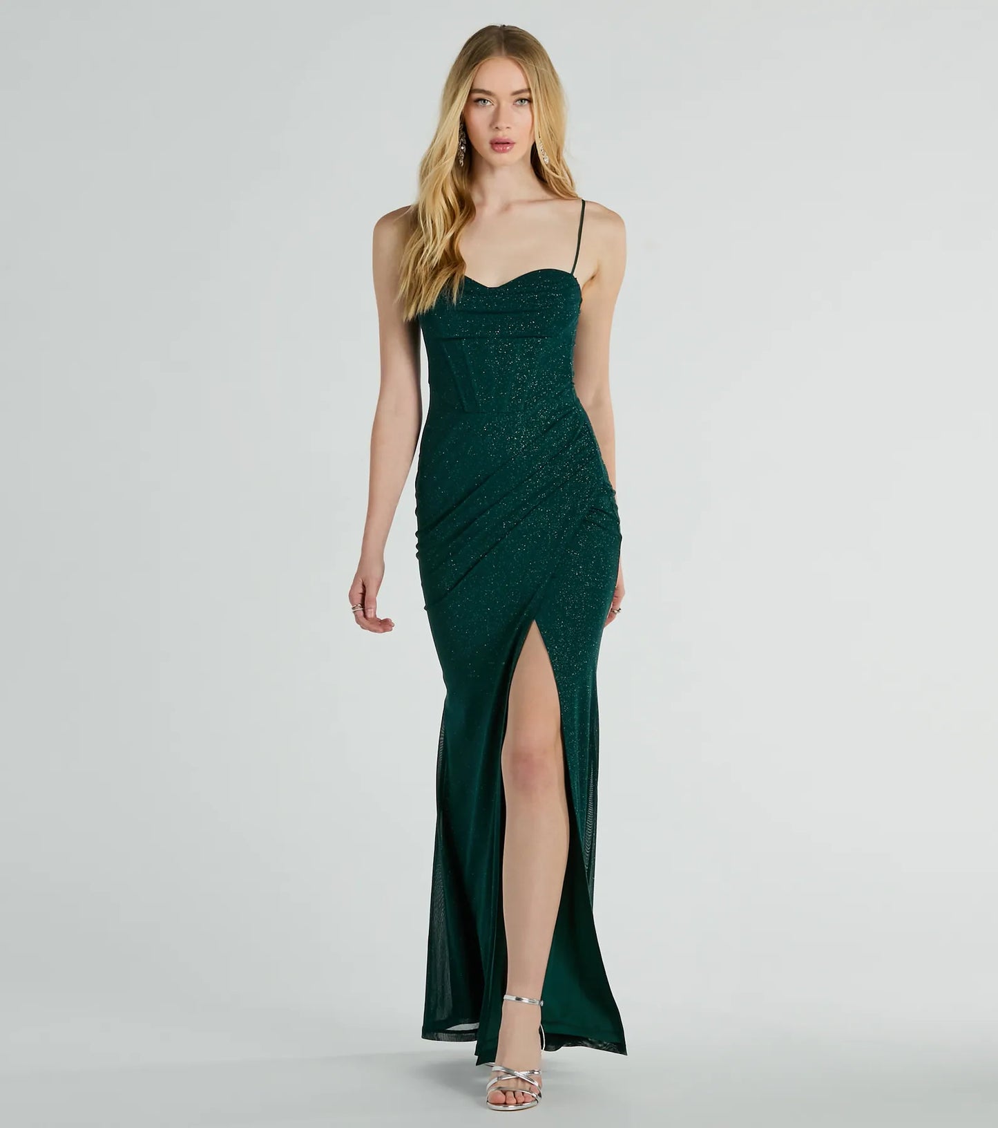 Daleyza Bustier Slit Glitter Column Formal Dress