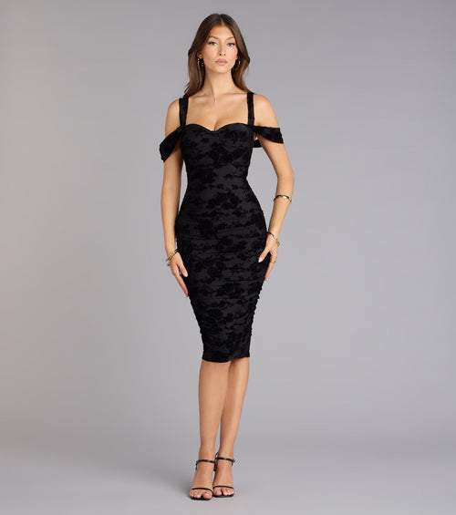 Chic Affair Flocked Floral Velvet Cold-Shoulder Midi Dress