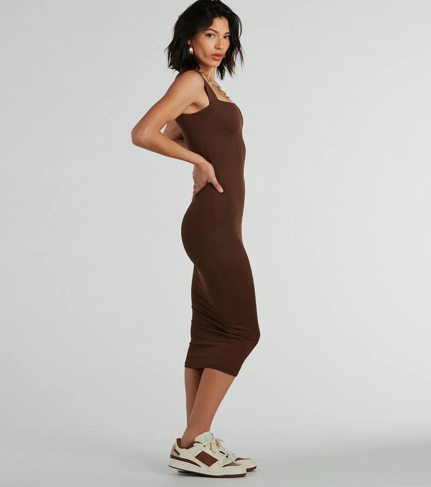 Smooth Silhouette Square Neck Tank Midi Dress