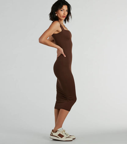 Smooth Silhouette Square Neck Tank Midi Dress