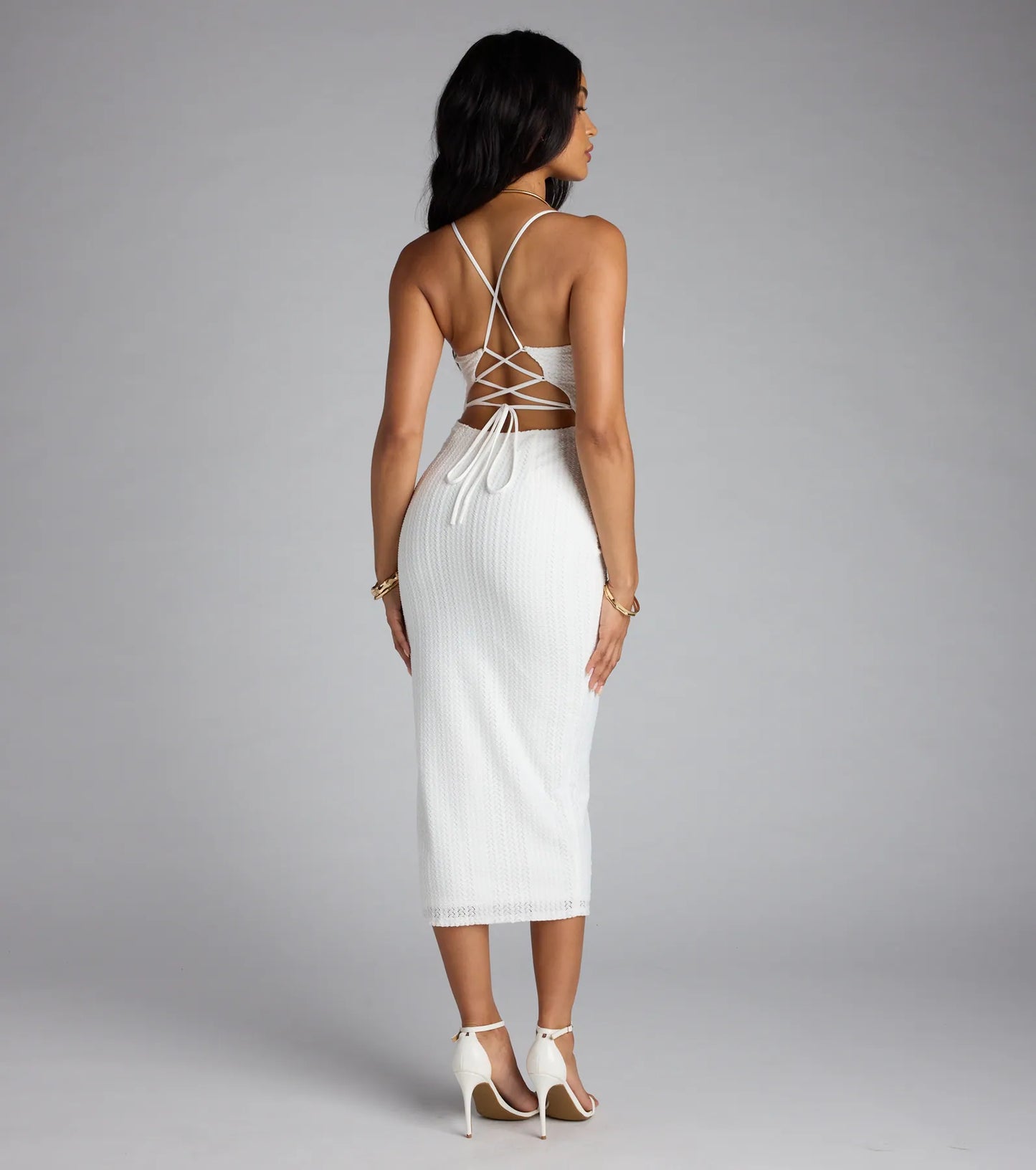 Hidden Treasure Lace-Up Shell Accent Midi Dress