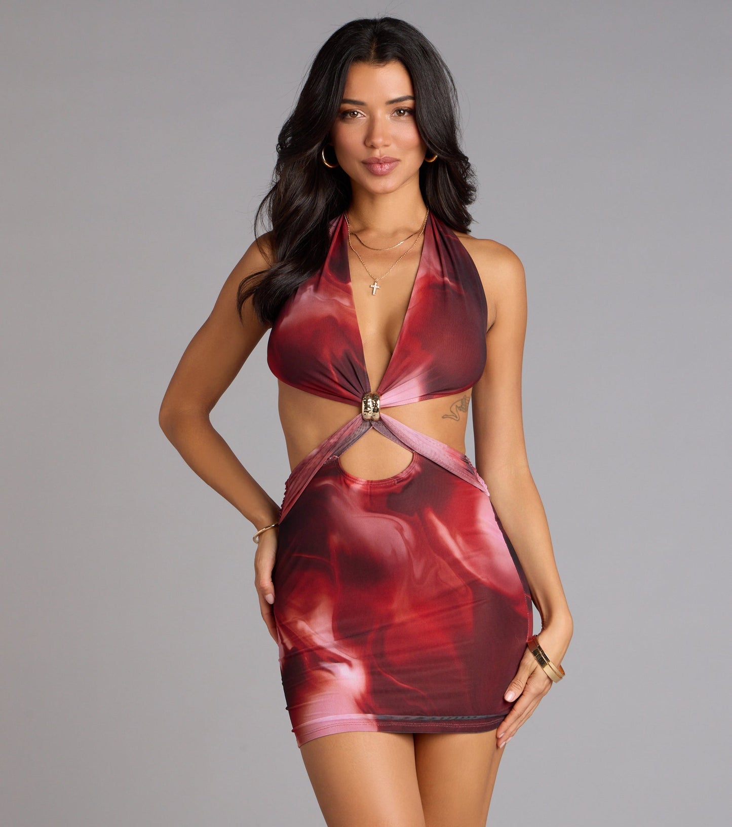 Daring Babe Abstract Print Cutout Mini Dress