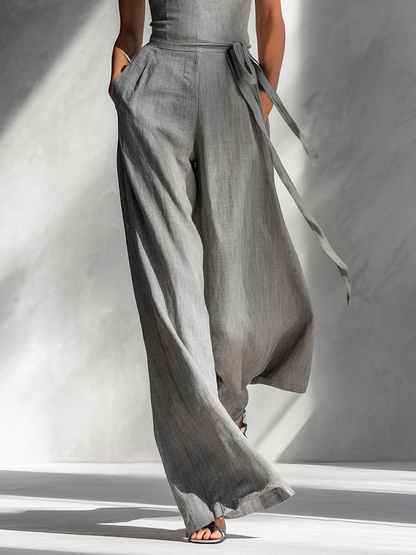 Women's Minimalist Linen Blend Gray Spaghetti-Strap Square-Neck Tie-Waist Wide-Leg Jumpsuit MDA2666L5AU