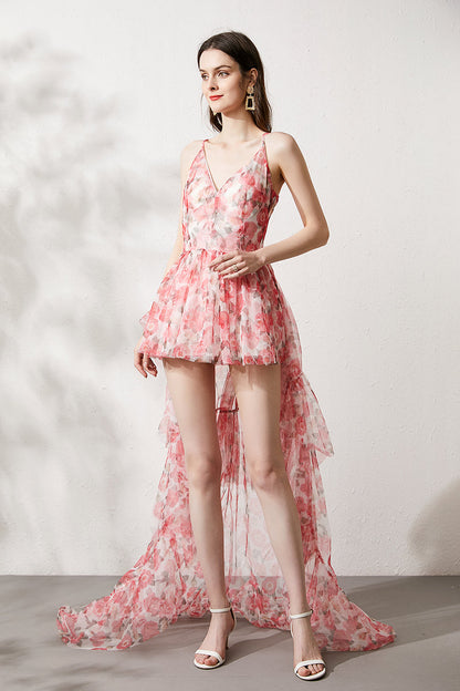 Tube Top Strap Printing Mesh Puffy Dress Extra Long Fishtail Dress