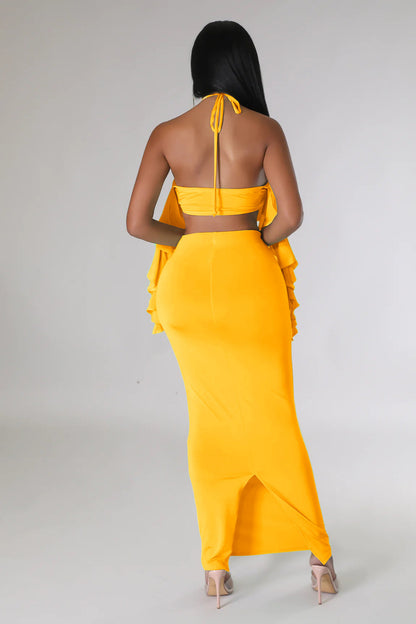 Wrapped Chest Halter Ruffled Top Bare Cropped High Waist Split Dress Two-Piece Set 3D Decoration