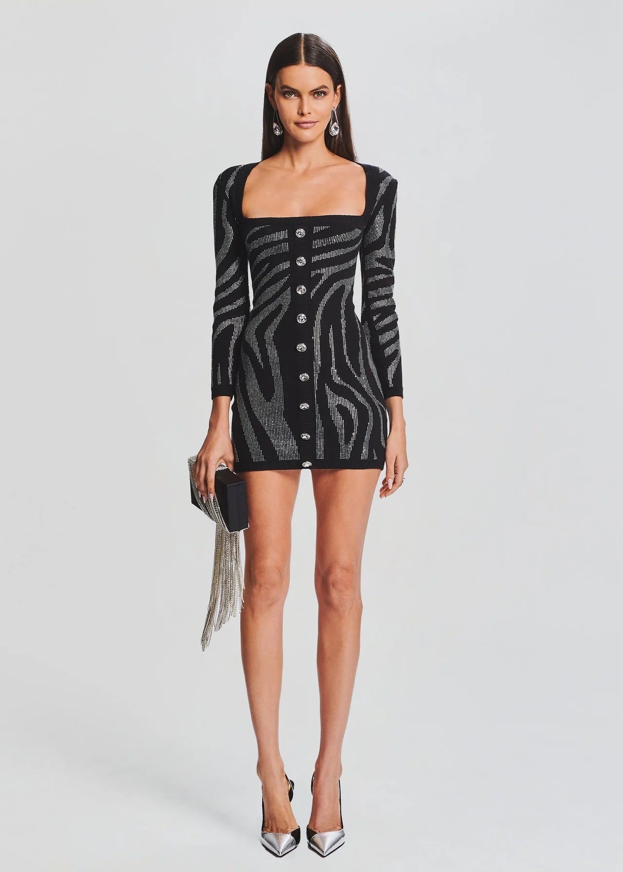 Rhinestone Long Sleeve Tube Top Short Type Bandage One Piece