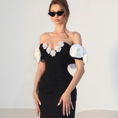Tube Top Floral Bandage Dress Simple Black Party