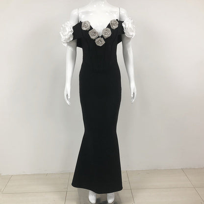 Tube Top Floral Bandage Dress Simple Black Party