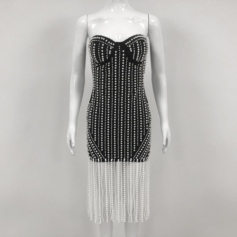 Tube Top Heavy Industry Beads Short Bandage Dress