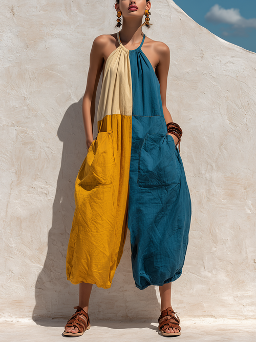 Women’s Boho Tri-Color Block Halter Sling Oversized Linen Baggy Jumpsuit With Big Cargo Pockets MDZ2362F8T