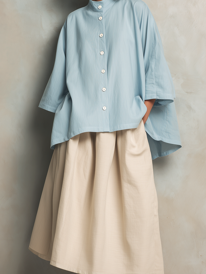 Women's Casual Light Blue Cotton-linen Long-sleeve Shirt Paired With A Khaki Cotton-linen Skirt MDZ2615F7LXY