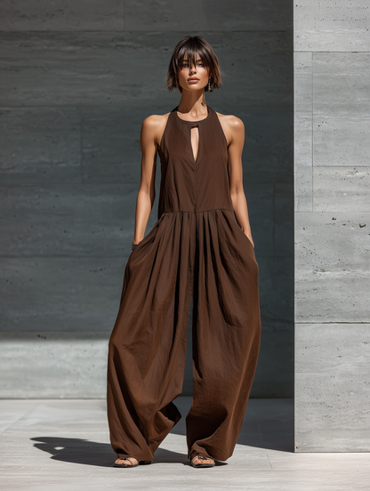Women’s Casual Resort Wear Brown Sleeveless Keyhole Detail Pleated Waist Extra Wide Leg Pocket Jumpsuit MDZ3003F1T