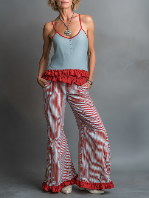 Women's Minimalist Camisole And Wide-leg Trousers Set With A Striped, Ruffled Hem MDZ3097F9WY
