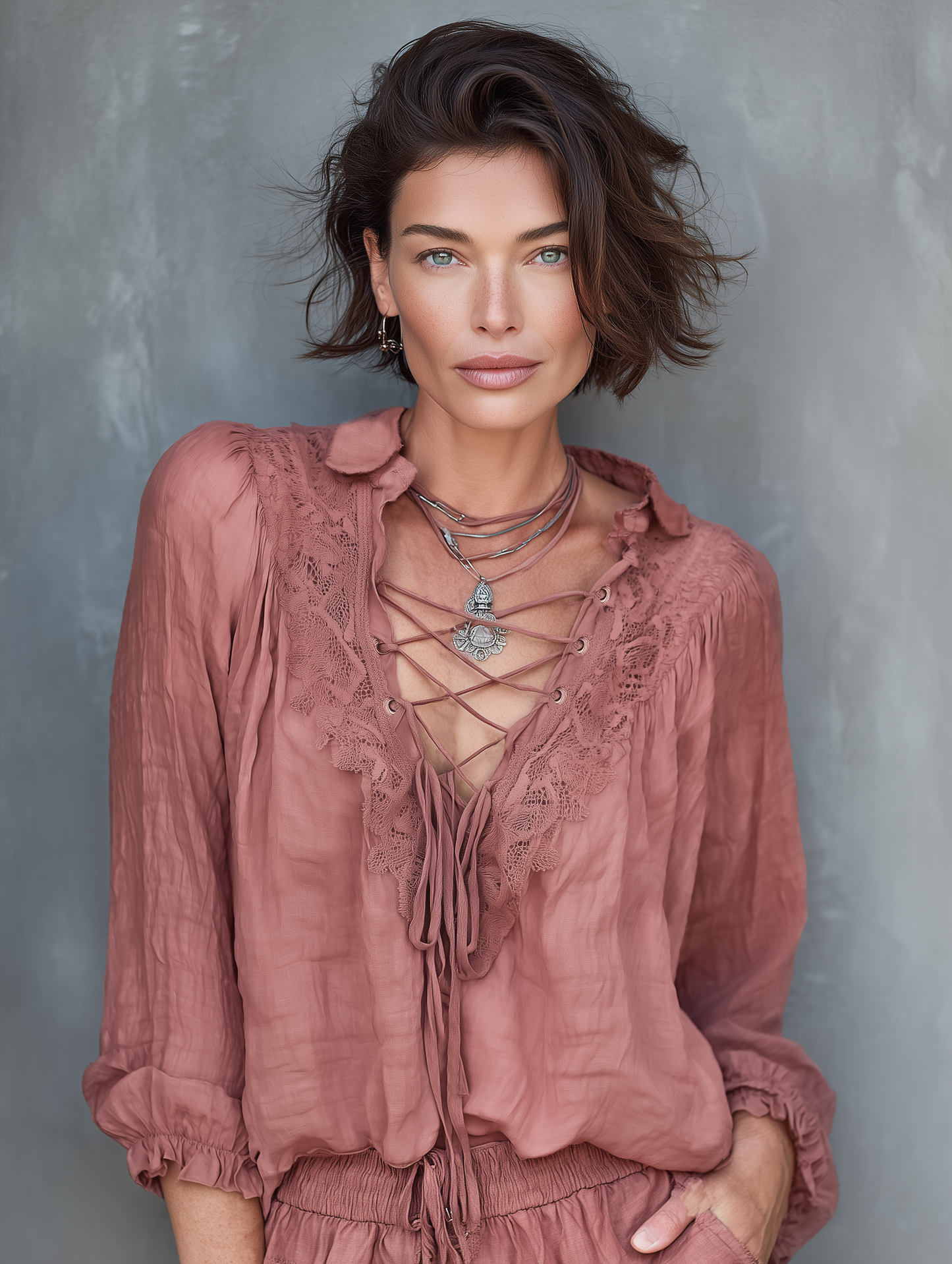 Women's Minimalist Linen-blend Long-sleeve Blouse With Lace-up Neckline MDZ3030F5WY