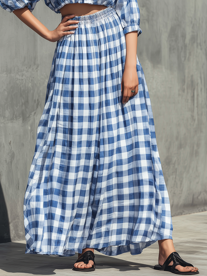 Women’s Blue White Gingham Plaid Lapel Collar Puff Half Sleeve Cropped Shirt & Elastic High Waist Flowy Maxi Skirt Two Piece Matching Set MDZ3010F9T