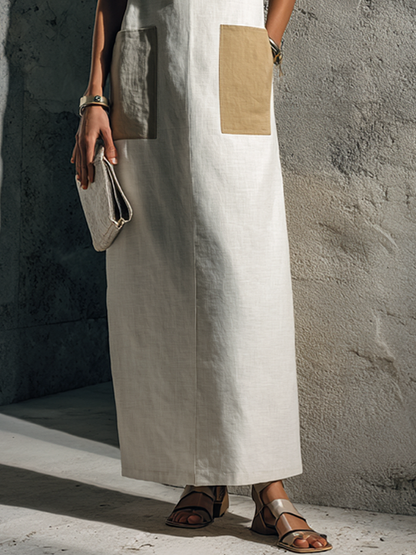 Women's Minimalist Style Off-White Linen Cotton Square Neck Short Sleeve Patch Pocket Maxi Dress MDZ3055F9GMJ