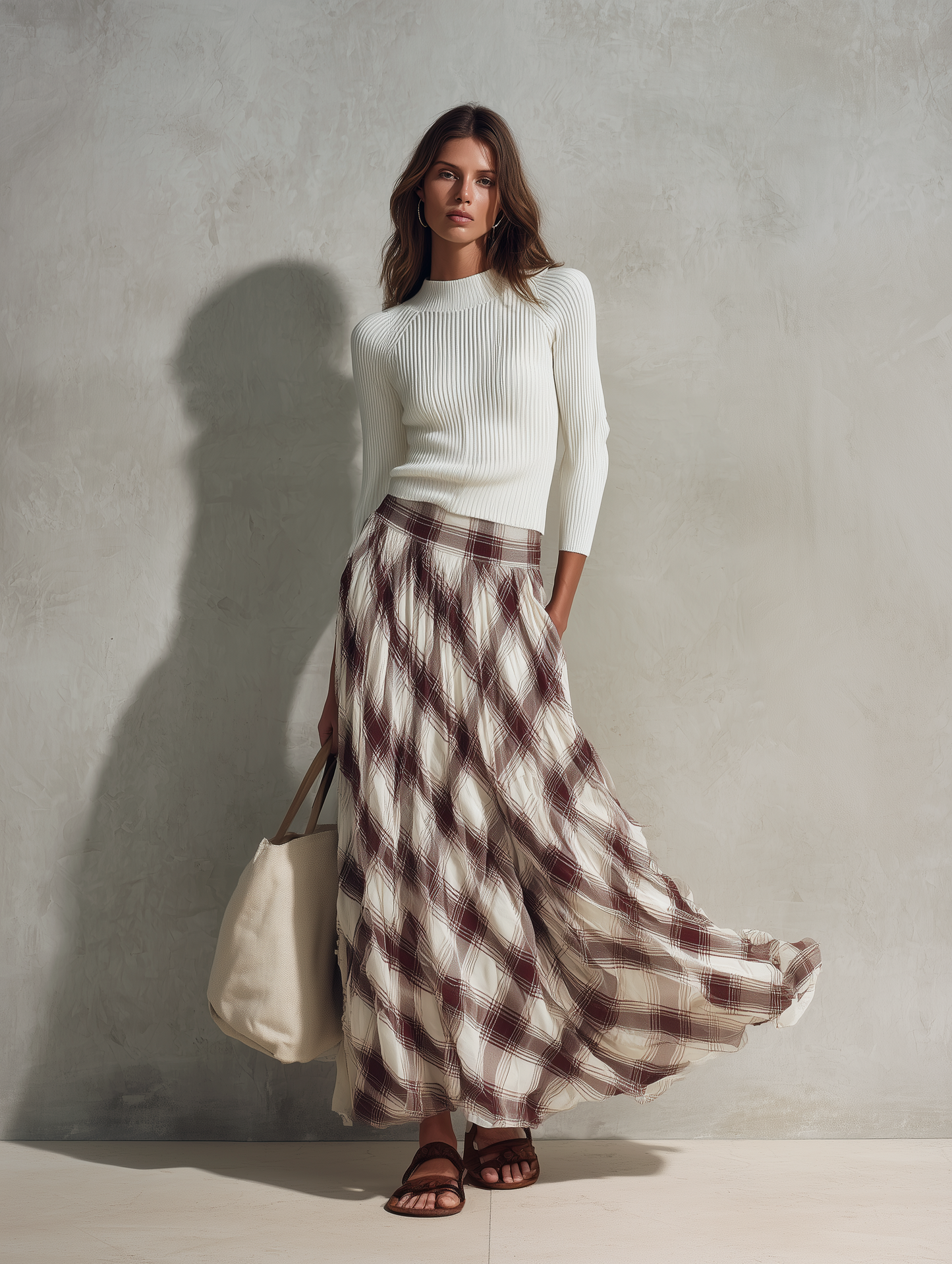 Women's Casual Off-white Long-sleeved Knit Top With A Round Neck, Paired With A Dark Red Printed Chiffon Skirt MDZ0122G6LXY