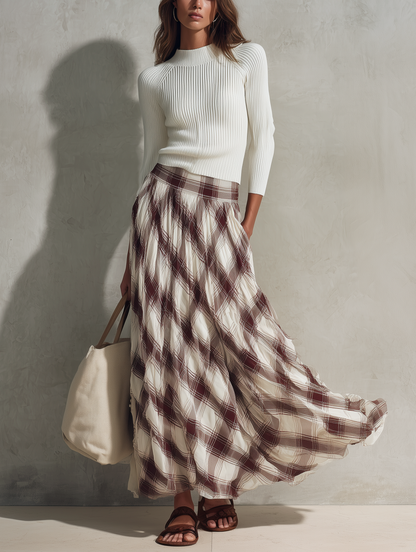Women's Casual Off-white Long-sleeved Knit Top With A Round Neck, Paired With A Dark Red Printed Chiffon Skirt MDZ0122G6LXY