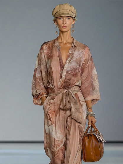 Women's Dusty Pink Print Chiffion Jumpsuit With Collared Half Placket & Self Tie Waist Belt, Modern Elegant Vacation Full Length Jumpsuit MDZ0113G4LYL