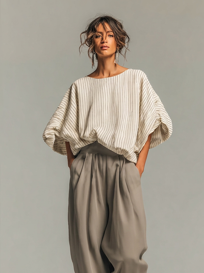 Women's Beige Pinstripe Woven Co-Ord With Loose Boat Neck Bubble Sleeve Top & High Waist Baggy Gray Side Pocket Trousers, Modern Effortless-Chic Daily Two-Piece Set MDZ0187G8LYL