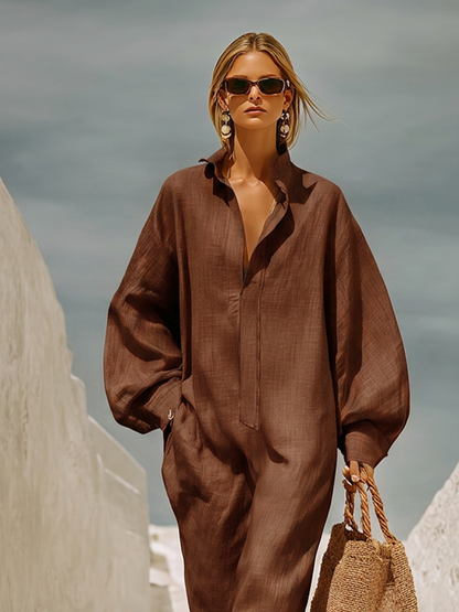 Women's Chocolate Brown Linen Jumpsuit With Collar Half Zip Placket & Oversized Balloon Long Sleeves, Loose Boho Resort Wide Leg Linen Jumpsuit MDZ0150G4LYL