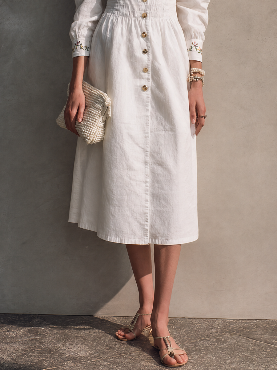 Women's French Cottage Style Off White Cotton Blend Square Neck Smocked Long Sleeve Floral Embroidery Midi Dress MDZ0156G8GMJ