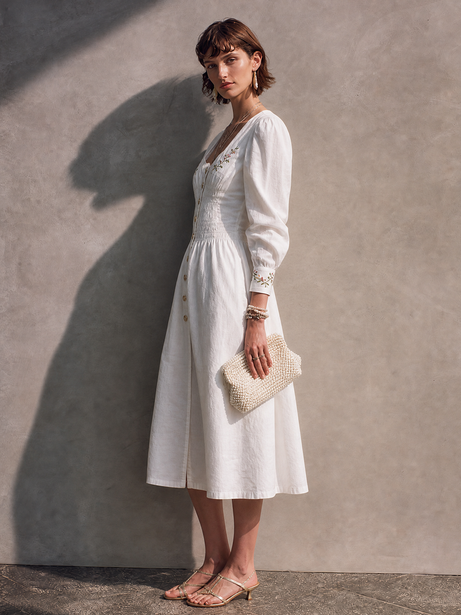 Women's French Cottage Style Off White Cotton Blend Square Neck Smocked Long Sleeve Floral Embroidery Midi Dress MDZ0156G8GMJ