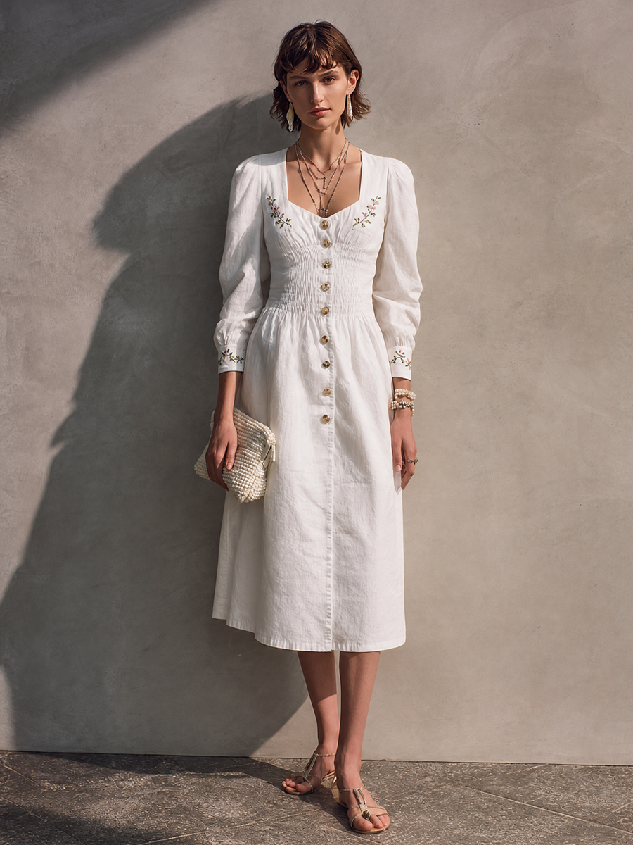 Women's French Cottage Style Off White Cotton Blend Square Neck Smocked Long Sleeve Floral Embroidery Midi Dress MDZ0156G8GMJ