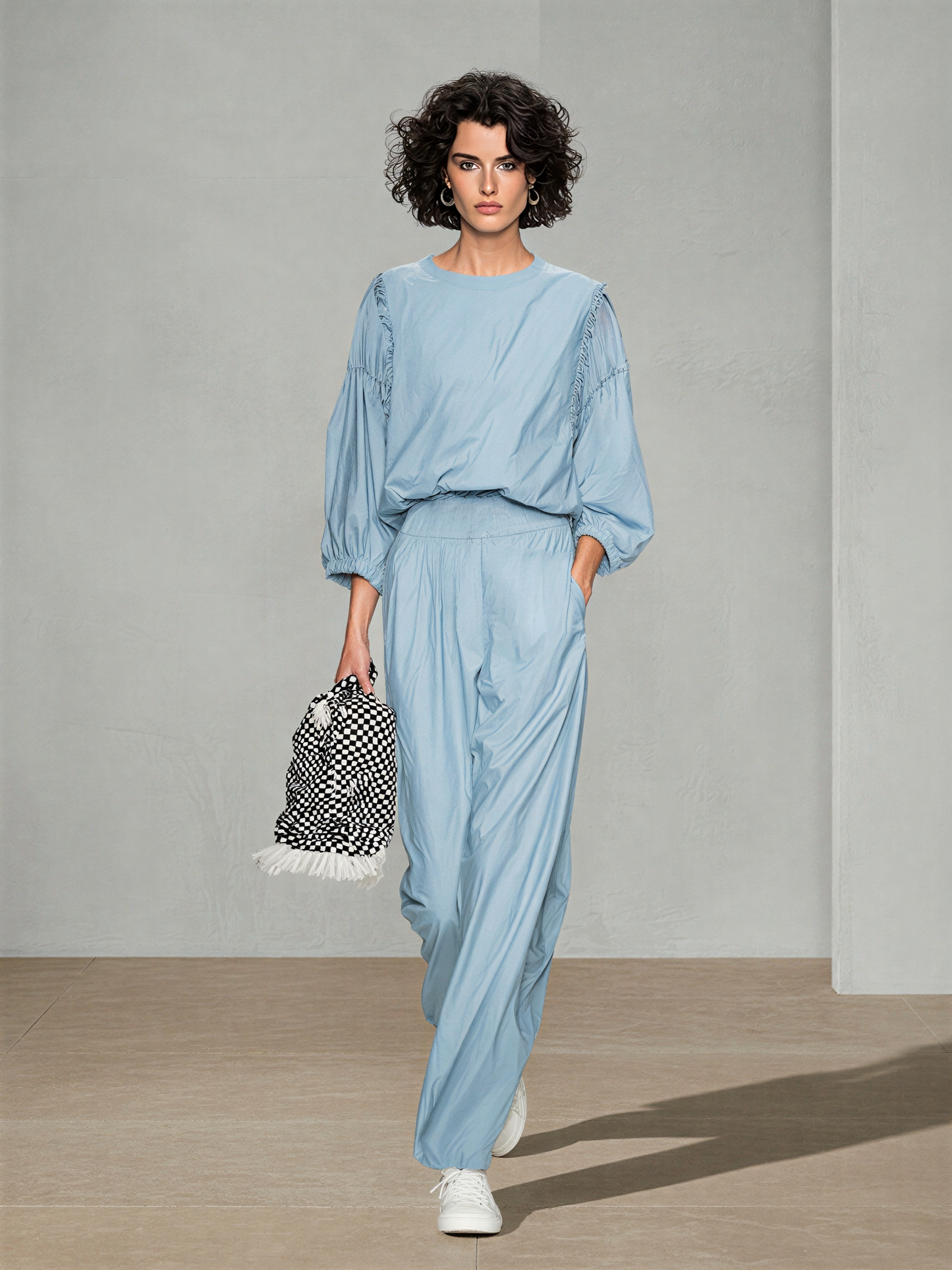 Women's Pale Blue Breathable Poly Cotton Co-Ord With Elastic Cuff Puff Sleeve Top & Side Pocket Loose Straight Trousers, Modern Effortless-Chic Daily Casual Two-Piece Set MDZ0217G3LYL