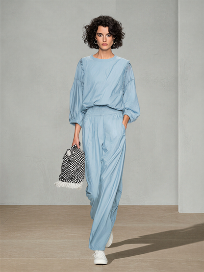 Women's Pale Blue Breathable Poly Cotton Co-Ord With Elastic Cuff Puff Sleeve Top & Side Pocket Loose Straight Trousers, Modern Effortless-Chic Daily Casual Two-Piece Set MDZ0217G3LYL