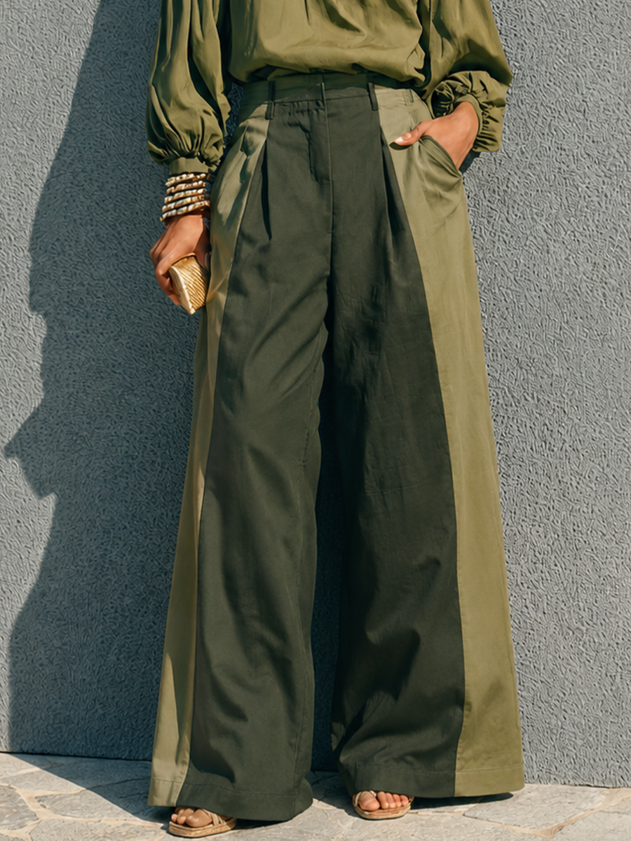 Women's Casual Military Green Cotton Blend Off Shoulder Lantern Sleeve Color Block Wide Leg Trousers Set MDZ0103G1GMJ