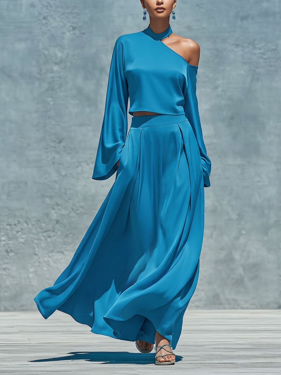 Women’s Blue Satin One Shoulder Halter Bell Sleeve Cropped Top & High Waist Pleated Flowy Maxi Skirt Two Piece Matching Set MDZ0207G7T