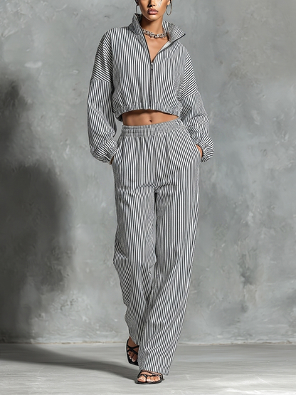 Women’s Black White Vertical Stripe Stand Collar Full Zip Cropped Jacket & Elastic High Waist Wide Leg Pocket Pants Two Piece Tracksuit Set MDZ0287G4T