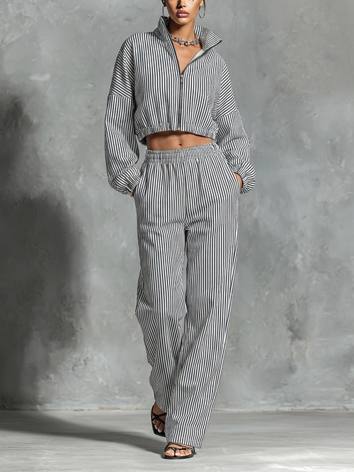 Women’s Black White Vertical Stripe Stand Collar Full Zip Cropped Jacket & Elastic High Waist Wide Leg Pocket Pants Two Piece Tracksuit Set MDZ0287G4T