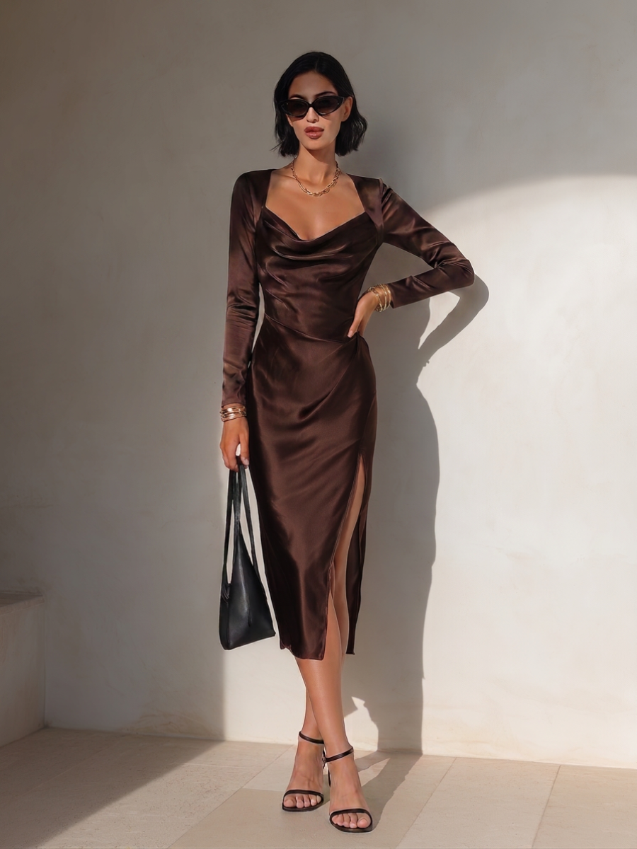 Women's Elegant Chocolate Brown Satin Cowl Neck Long Sleeve High Slit Bodycon Midi Dress MDZ0366G6O