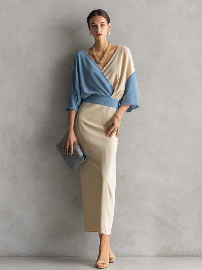 Women's Minimalist Premium Off White And Light Blue Cotton Blend V Neck Contrast Color Fitted Long Skirt Outfit MDZ0221G7GMJ