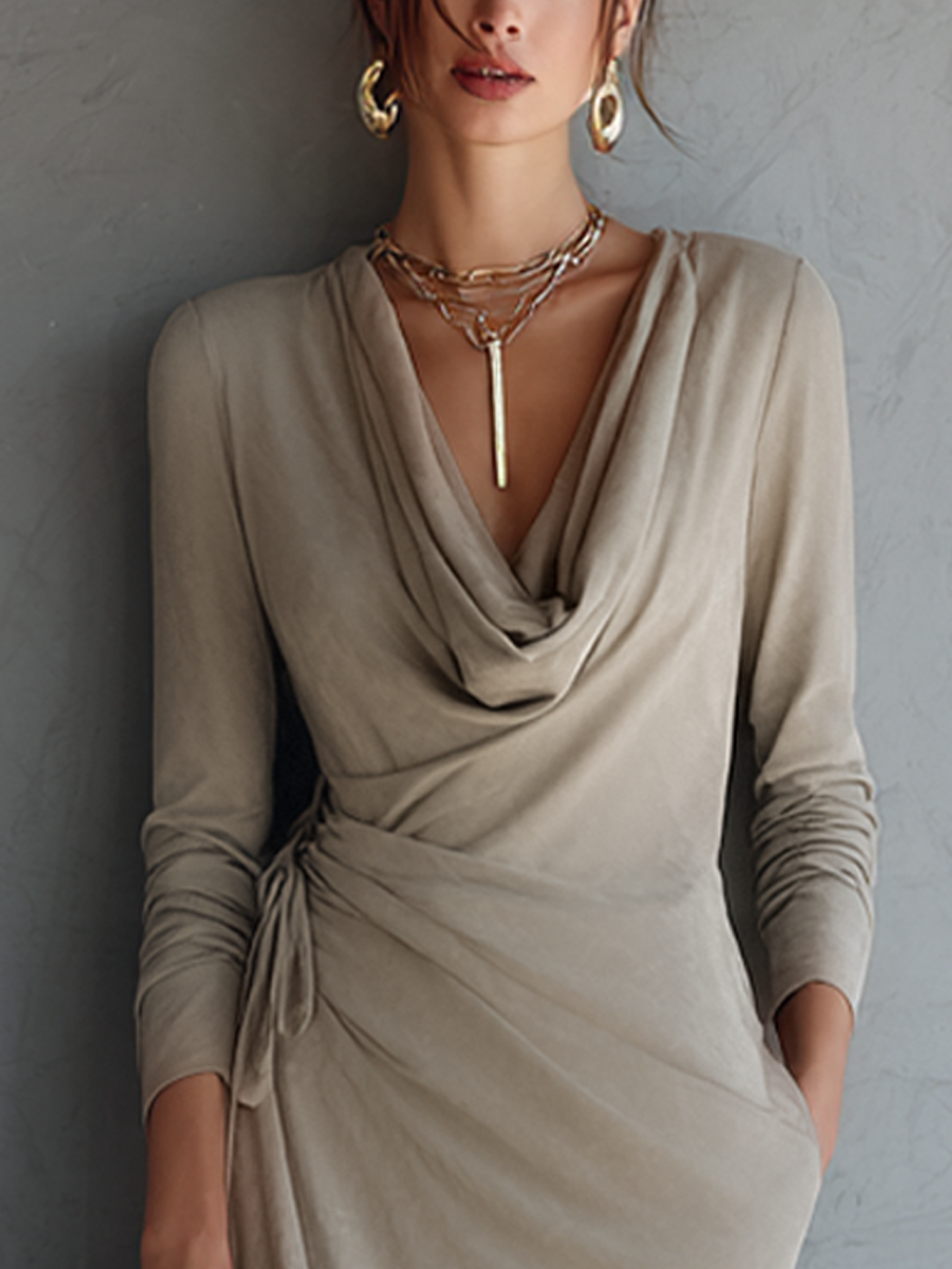Women's Luxury Workwear Style Oat Knit Cotton Blend Cowl Neck Long Sleeve Side Tie Slit Midi Dress MDZ0329G6GMJ